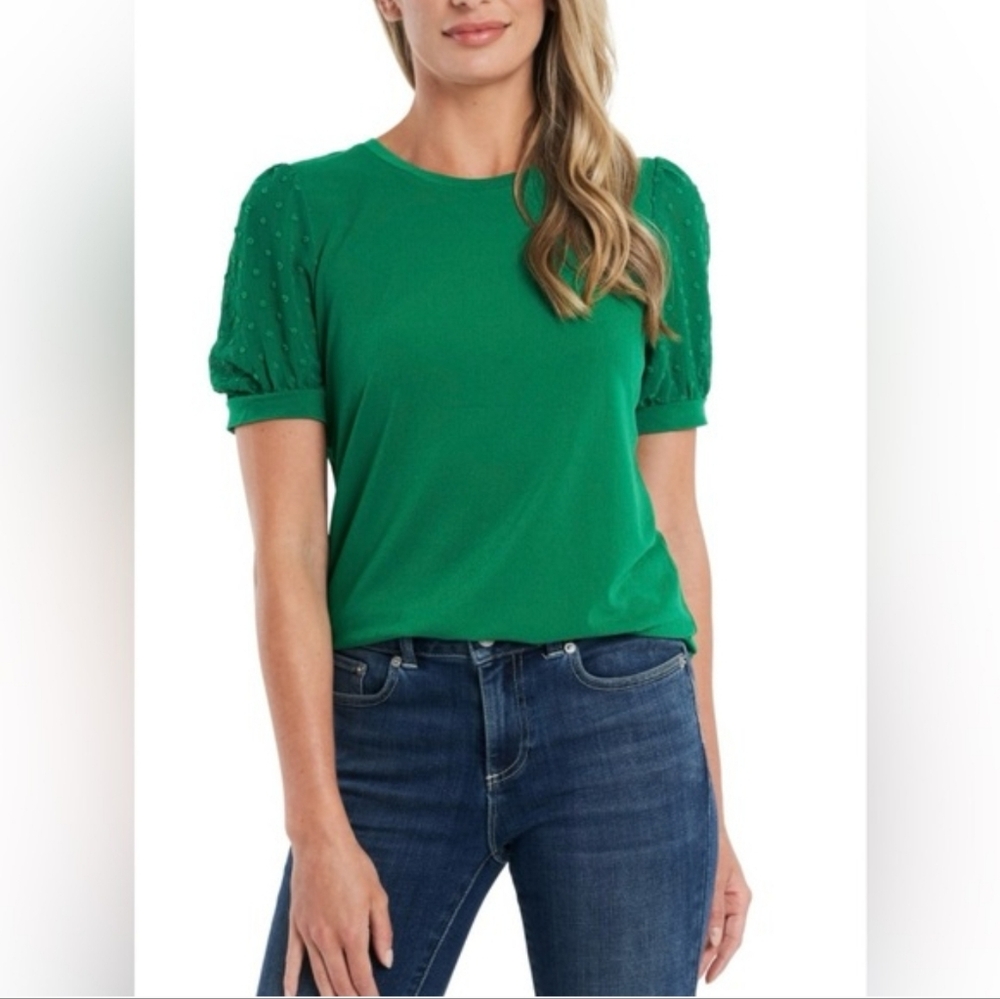 CeCe Short Puff Sleeve Mixed Media Knit Top Lush Green Medium